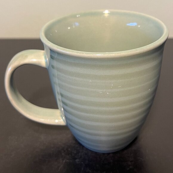 Jade Green Glossy Glaze Stoneware Mug Overlaid w/ Darker Green Stripes ~ Hygge - Picture 4 of 10